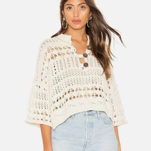 Free People Cream Knit Cropped Sweater with Button Detail